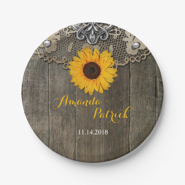 Country Rustic Sunflower Wedding Paper Plate (Front)