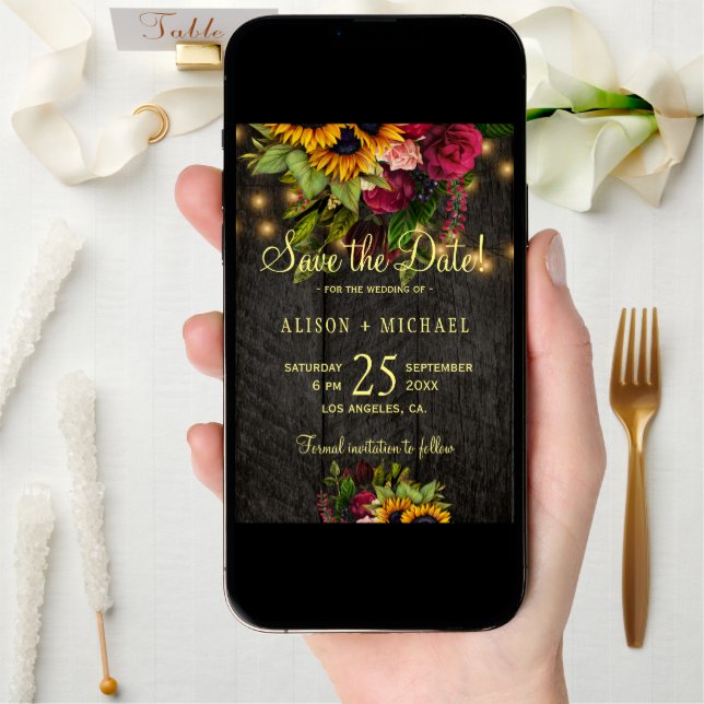 Country rustic sunflowers and roses wood wedding save the date (Front Digital)