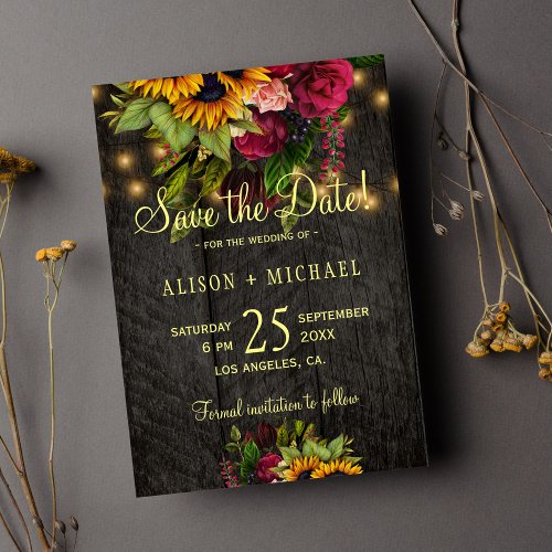 Country rustic sunflowers and roses wood wedding save the date