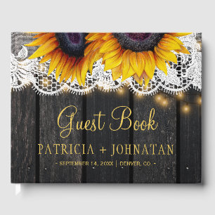 Country rustic sunflowers barn wood lace wedding guest book