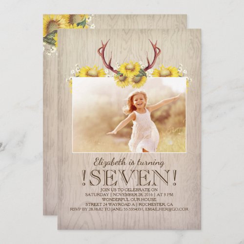 Country Rustic Sunflowers Birthday Photo Invitation - Rustic country birthday party photo invitations with sunflowers, wood and bohemian deer antlers