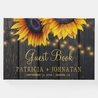 Country rustic sunflowers brown barn wood wedding guest book