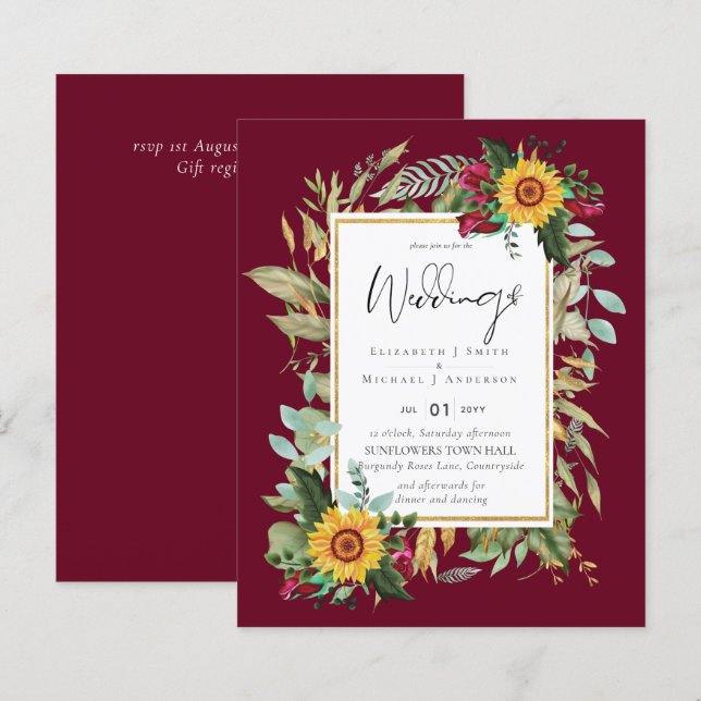 Country Rustic Sunflowers Burgundy Roses Wedding (Front/Back)
