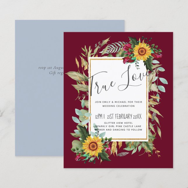 Country Rustic Sunflowers Burgundy Roses Wedding (Front/Back)