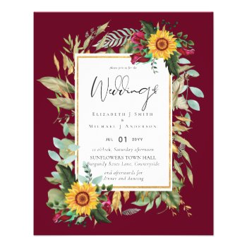 Country Rustic Sunflowers Burgundy Roses Wedding Flyer