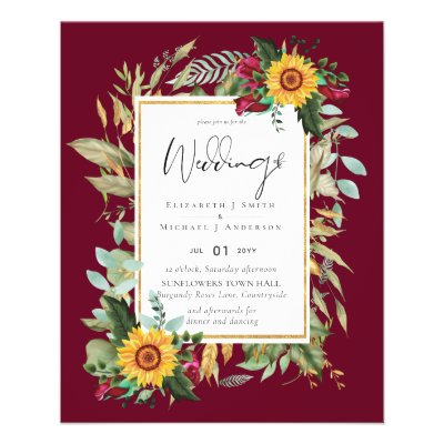 Country Rustic Sunflowers Burgundy Roses Wedding Flyer