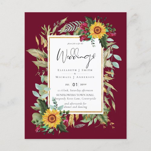 Country Rustic Sunflowers Burgundy Roses Wedding Flyer