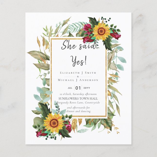Country Rustic Sunflowers Burgundy Roses Wedding Flyer (Front)