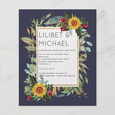Country Rustic Sunflowers Burgundy Roses Wedding Flyer