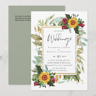 Country Rustic Sunflowers Burgundy Roses Wedding Invitation