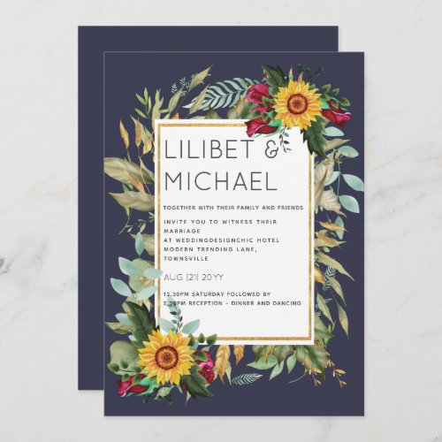 Country Rustic Sunflowers Burgundy Roses Wedding Invitation