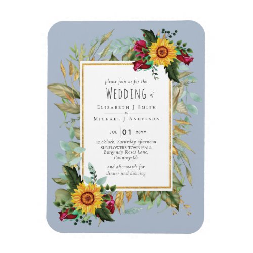 Country Rustic Sunflowers Burgundy Roses Wedding Magnet
