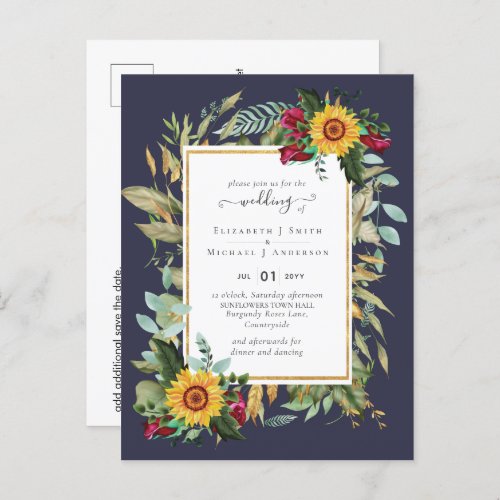 Country Rustic Sunflowers Burgundy Roses Wedding P Postcard