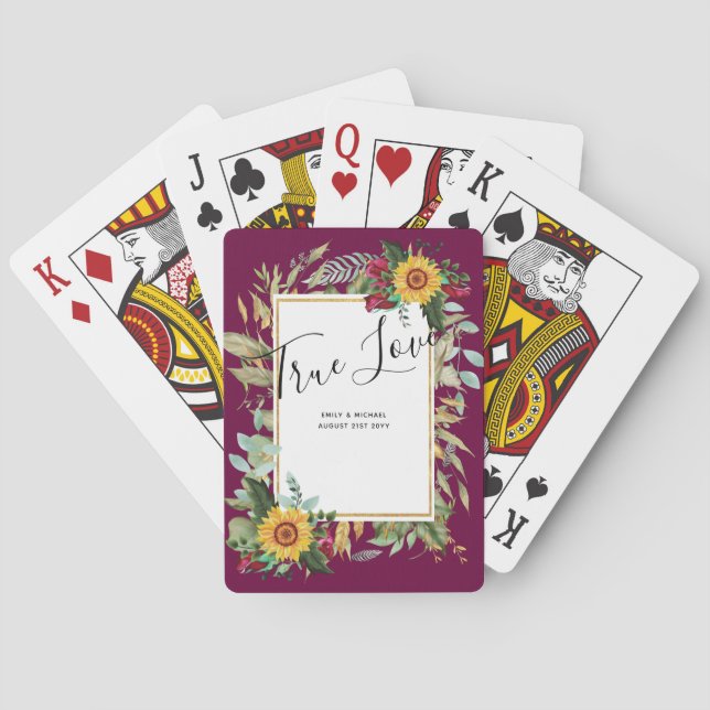 Country Rustic Sunflowers Burgundy Roses Wedding Poker Cards (Back)