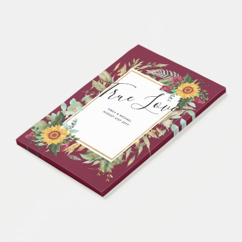 Country Rustic Sunflowers Burgundy Roses Wedding Post_it Notes