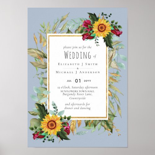 Country Rustic Sunflowers Burgundy Roses Wedding Poster