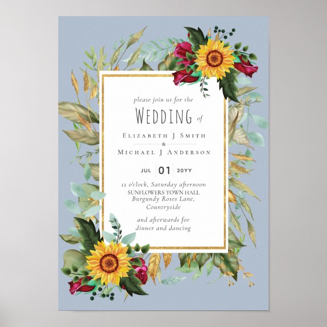 Country Rustic Sunflowers Burgundy Roses Wedding Poster (Front)