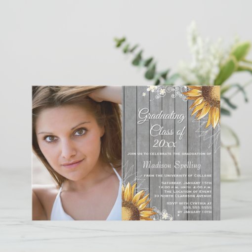 Country Rustic Sunflowers Photo Graduation Party Invitation 