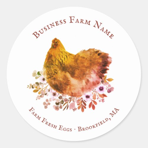 Country Rustic Watercolor Floral Chicken Classic Round Sticker