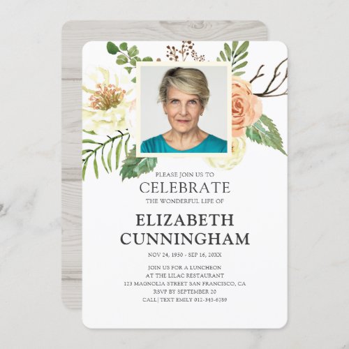 Country Rustic Watercolor Florals Photo Memorial Invitation