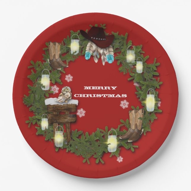 Country Rustic, Western Jar Lights Cowboy Boots Paper Plates (Front)