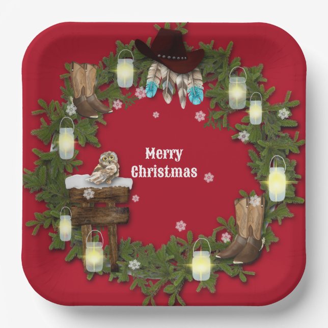 Country Rustic, Western, Jar Lights Cowboy Boots Paper Plates (Front)