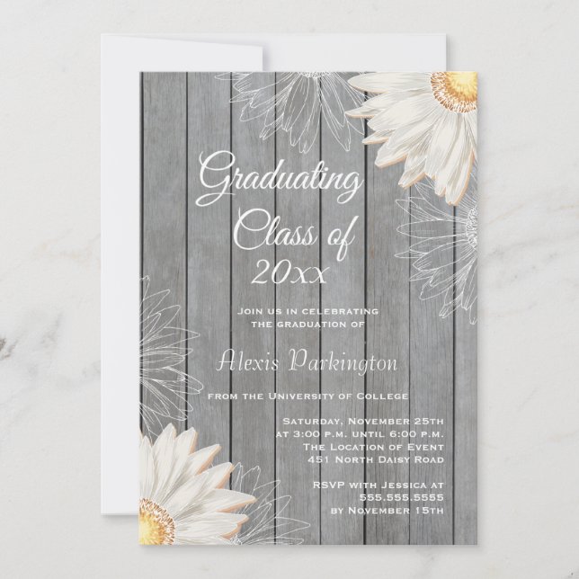 Country rustic white daisy graduation party invite (Front)