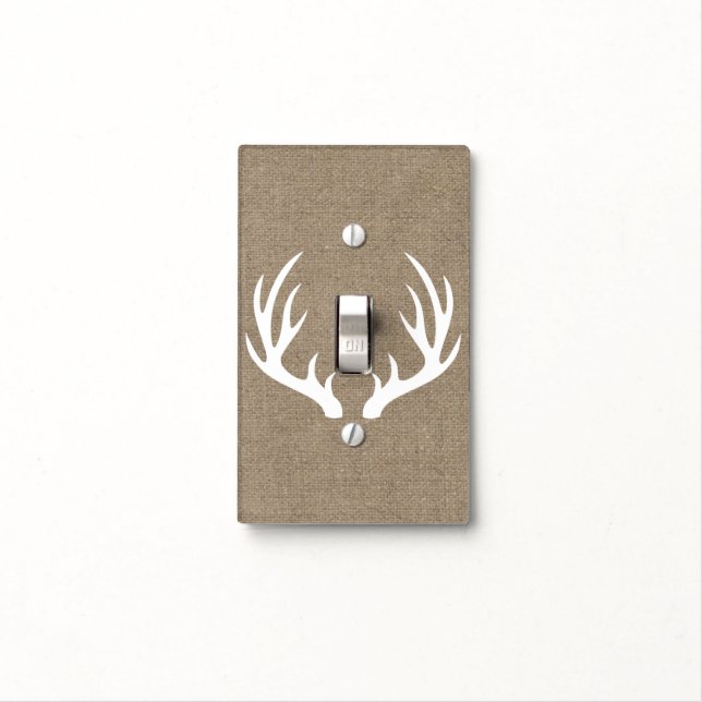 Country Rustic White Deer Antlers and Burlap Light Switch Cover (In Situ)