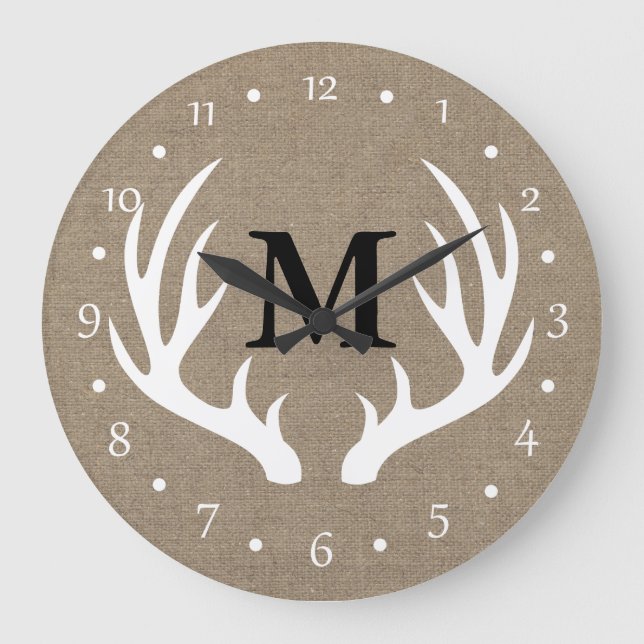 Country Rustic White Deer Antlers Large Clock (Front)