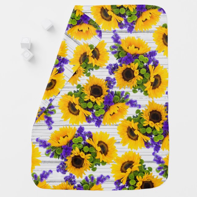 Country Rustic White Wood Purple Yellow Sunflower Baby Blanket (In Situ)