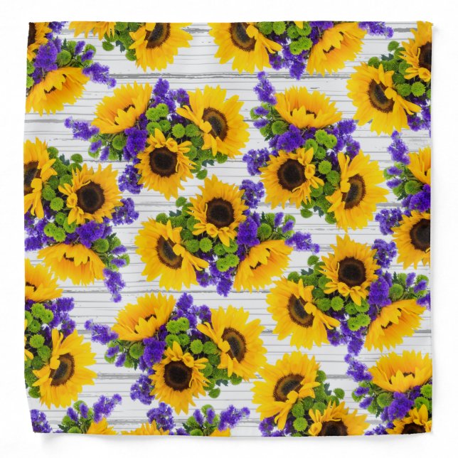 Country Rustic White Wood Purple Yellow Sunflower Bandana (Front)