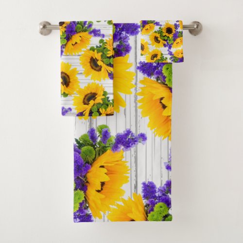 Country Rustic White Wood Purple Yellow Sunflower Bath Towel Set