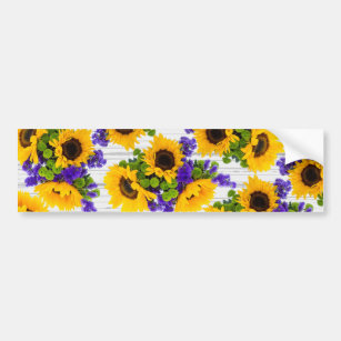 Country Rustic White Wood Purple Yellow Sunflower Bumper Sticker