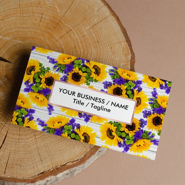 Country Rustic White Wood Purple Yellow Sunflower Business Card (Country Rustic White Wood Purple Yellow Sunflower Business Card)