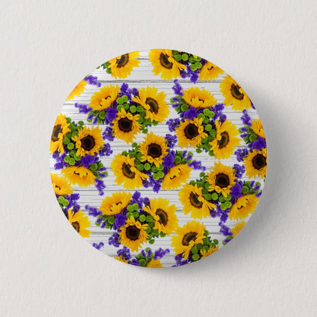 Country Rustic White Wood Purple Yellow Sunflower Button (Front)