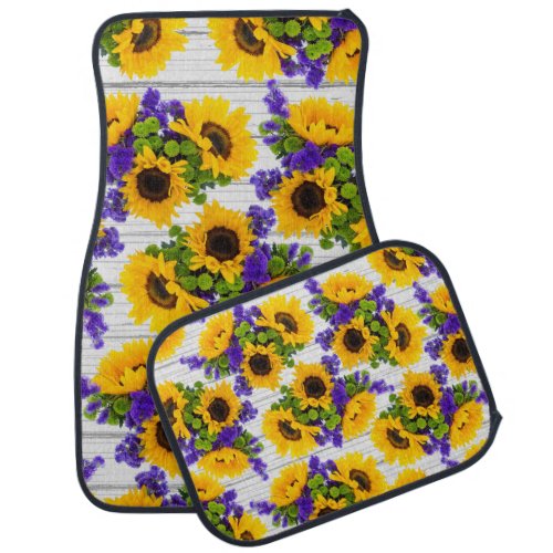 Country Rustic White Wood Purple Yellow Sunflower Car Floor Mat