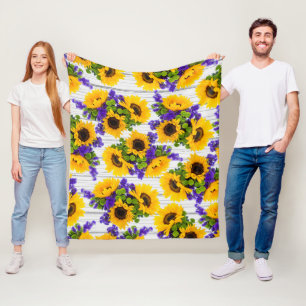 Country Rustic White Wood Purple Yellow Sunflower Fleece Blanket