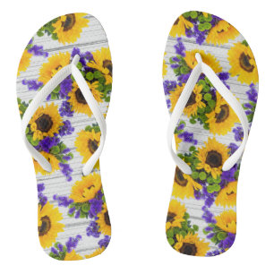 Country Rustic White Wood Purple Yellow Sunflower Flip Flops