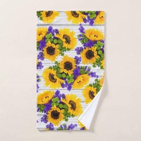 Country Rustic White Wood Purple Yellow Sunflower Hand Towel