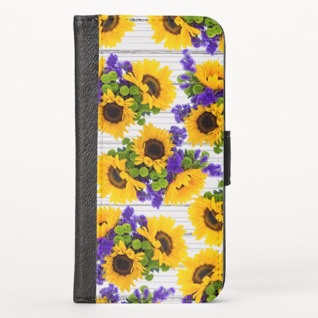 Country Rustic White Wood Purple Yellow Sunflower iPhone Wallet Case (Front)