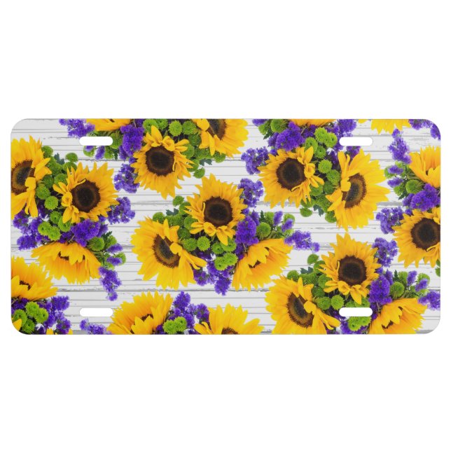 Country Rustic White Wood Purple Yellow Sunflower License Plate (Front)
