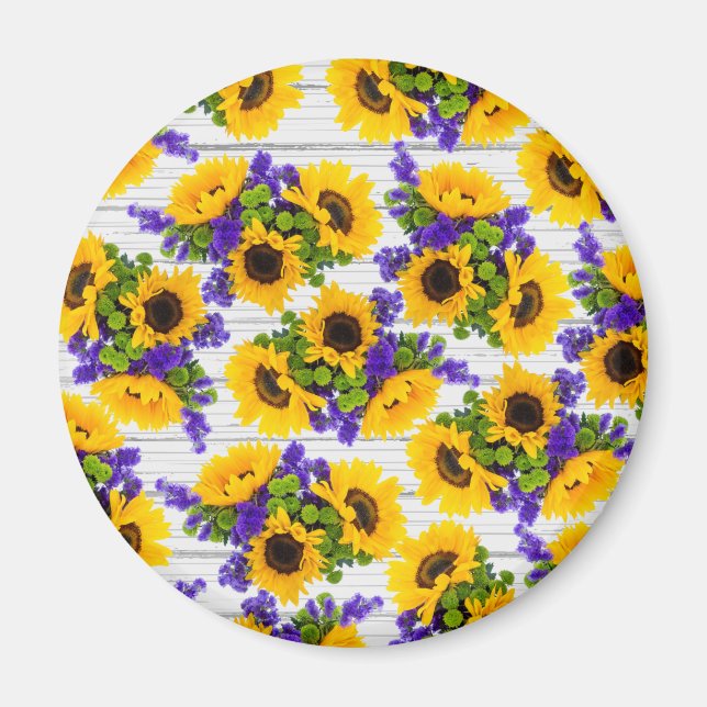 Country Rustic White Wood Purple Yellow Sunflower Magnet (Front)