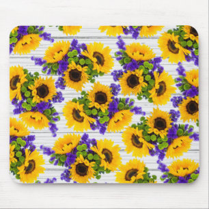 Country Rustic White Wood Purple Yellow Sunflower Mouse Pad