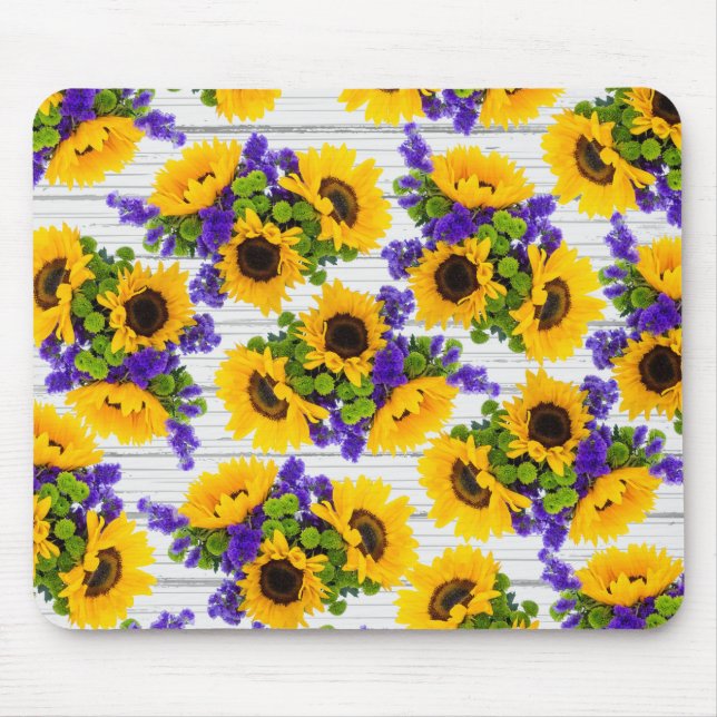 Country Rustic White Wood Purple Yellow Sunflower Mouse Pad (Front)