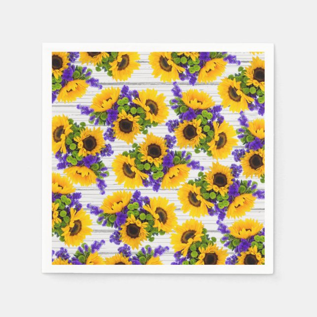 Country Rustic White Wood Purple Yellow Sunflower Napkins (Front)
