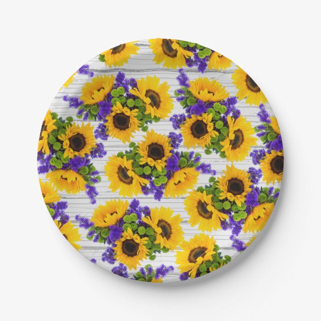 Country Rustic White Wood Purple Yellow Sunflower Paper Plates (Front)
