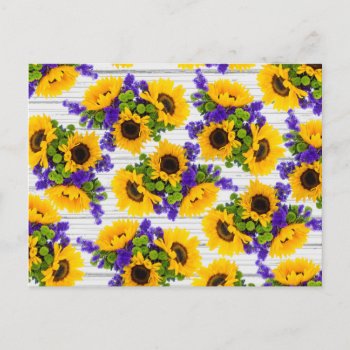 Country Rustic White Wood Purple Yellow Sunflower Postcard by pink_water at Zazzle