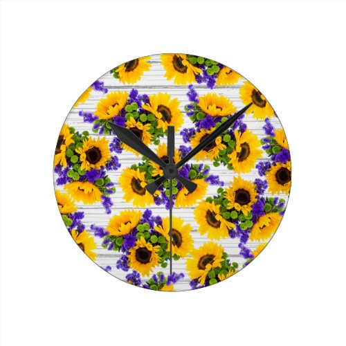 Country Rustic White Wood Purple Yellow Sunflower Round Clock