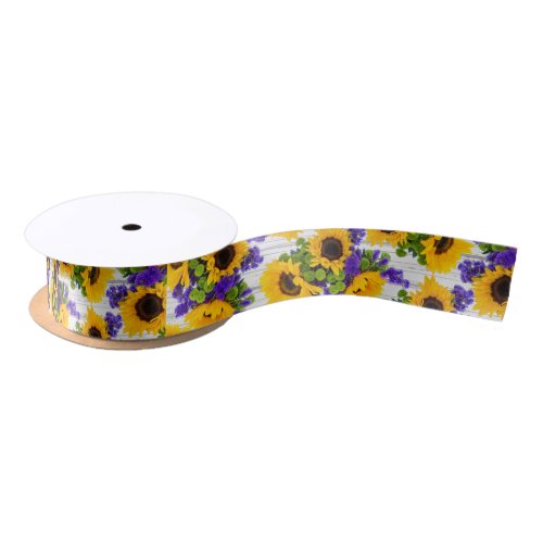 Country Rustic White Wood Purple Yellow Sunflower Satin Ribbon