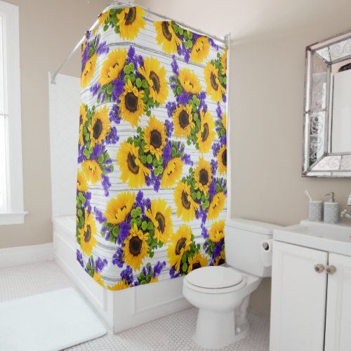 Country Rustic White Wood Purple Yellow Sunflower Shower Curtain